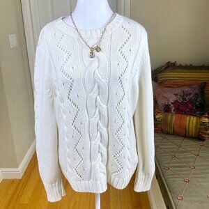 Talbots Sweater Ivory Cable Chunky Knit Cotton (L)